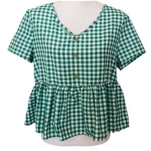 Shein Green White Plaid Ruffle Top Large